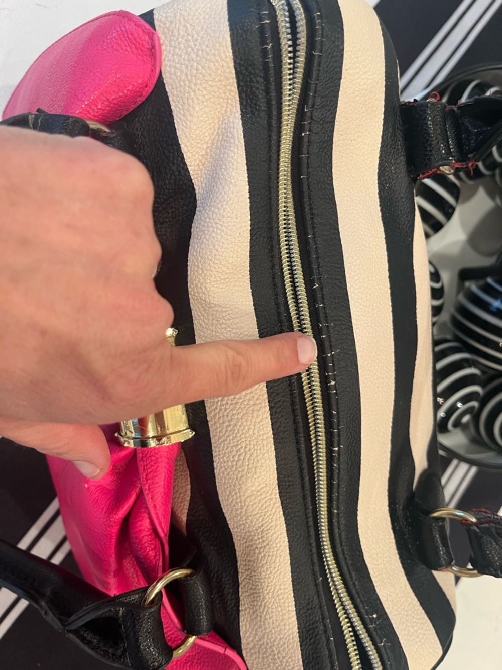 Betsey Johnson Black and Hot Pink Striped Satchel - Picture 11 of 14